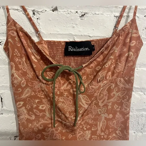 Realisation Par The Inez Dress Silk Dazed Paisley Milkmaid Bow Blush Pink Size S - Picture 6 of 9